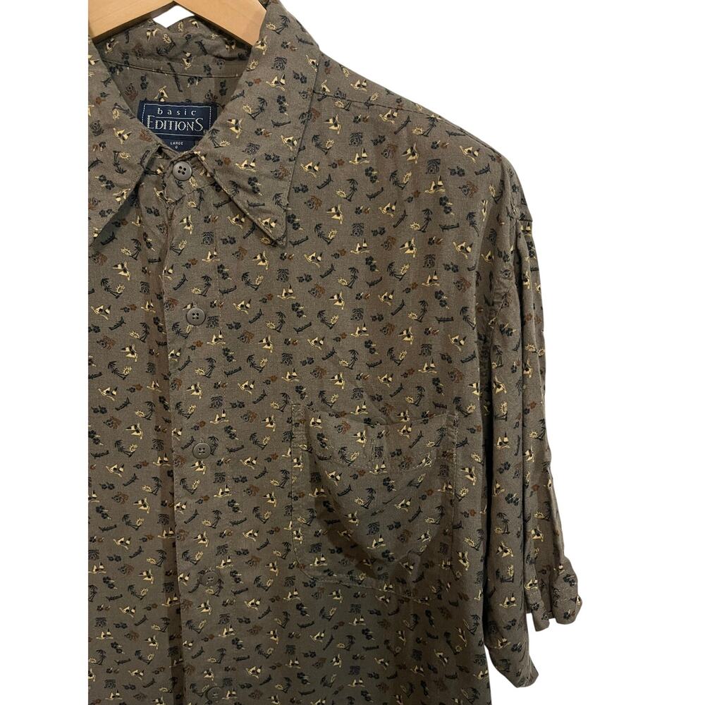 Vintage Basic Editions Rayon Button Up Shirt Large Brown Nautical Print 90s